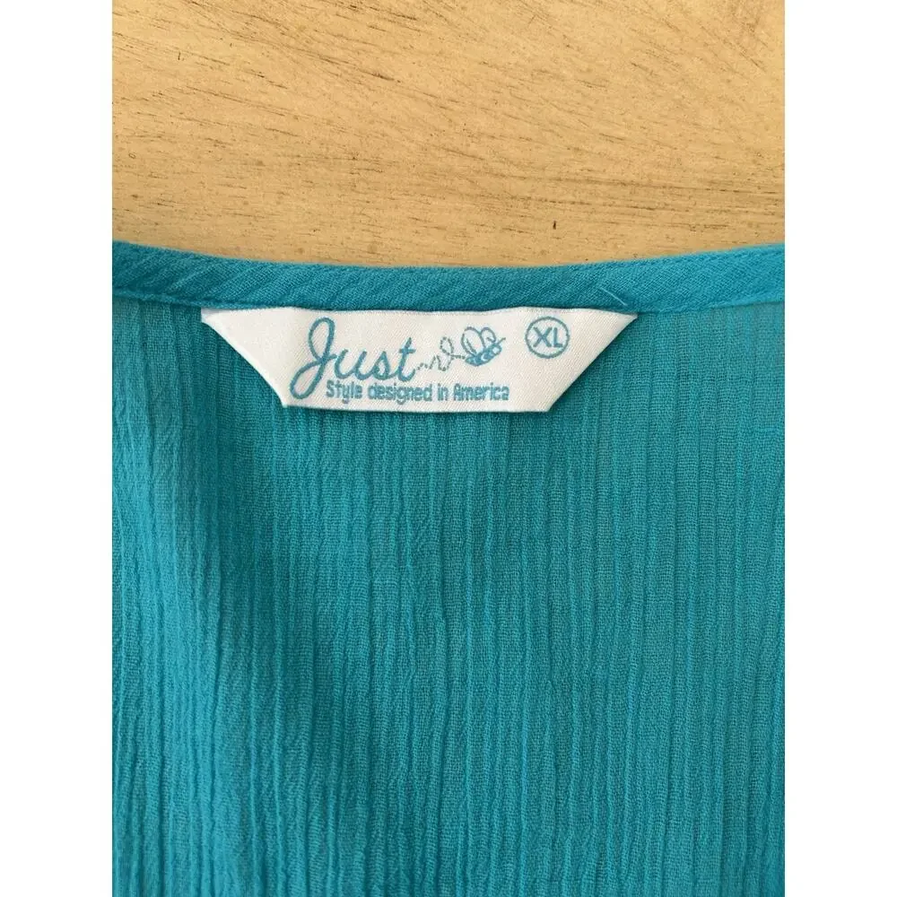 Sea Shells Embroidered coverup tunic V Neck Sea Teal Green Casual Beach Boho XL